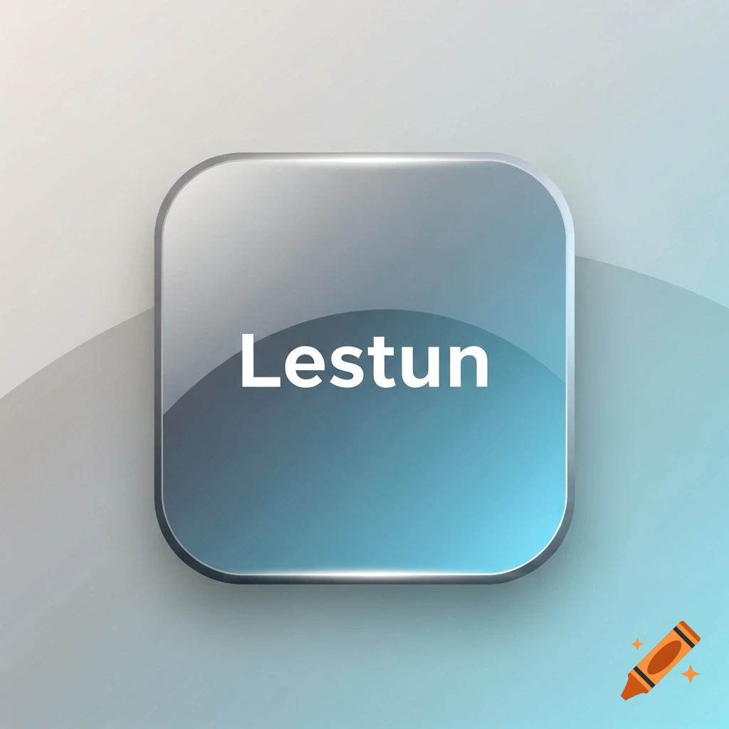 A glossy blue-grey gradient rounded square button with the word Lestun in white, casting a shadow.