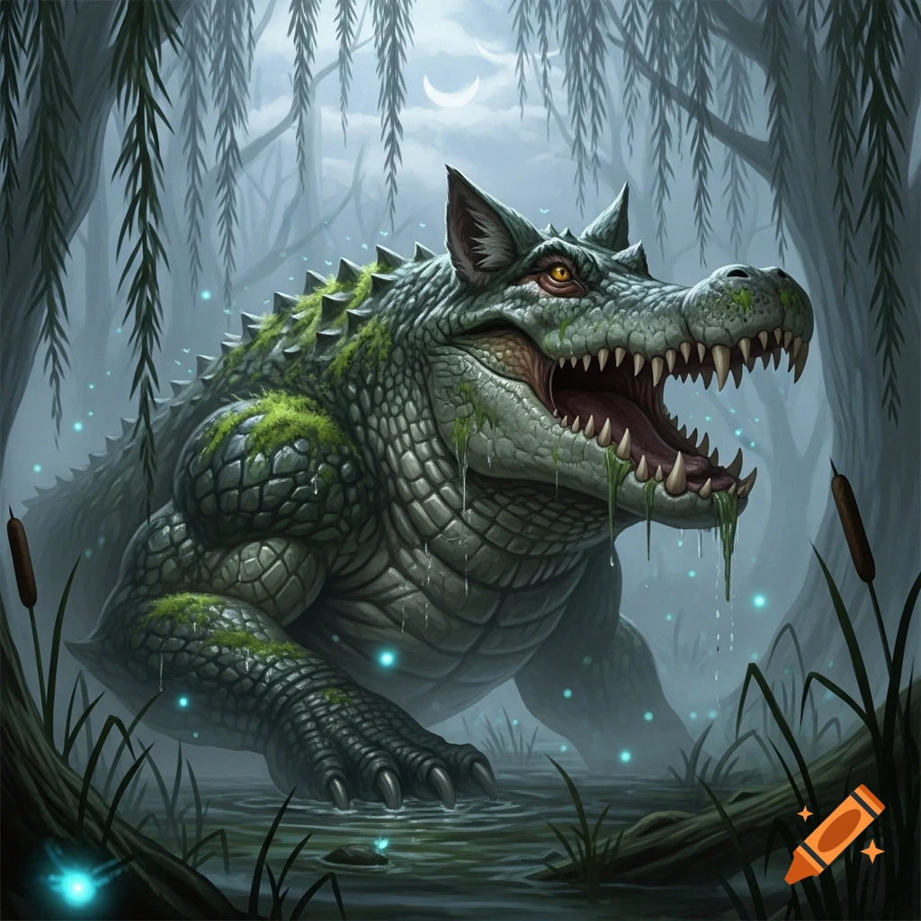 A large, green, scaly crocodile-like fantasy creature with wolf ears and glowing eyes emerges from a misty swamp under a crescent moon.