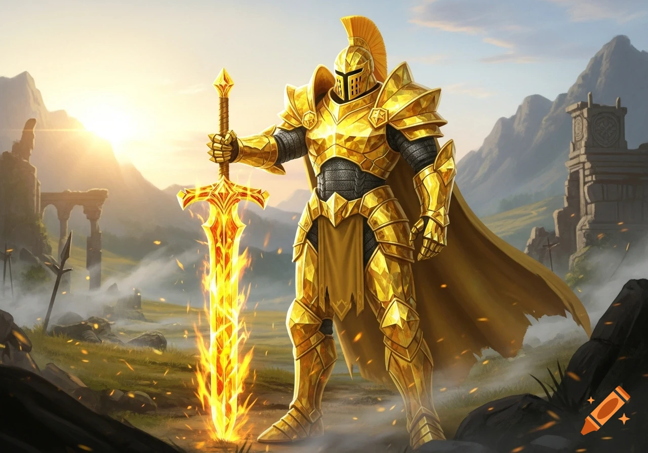 A golden armored knight stands holding a flaming golden sword in a fantasy landscape with ruins at sunset.