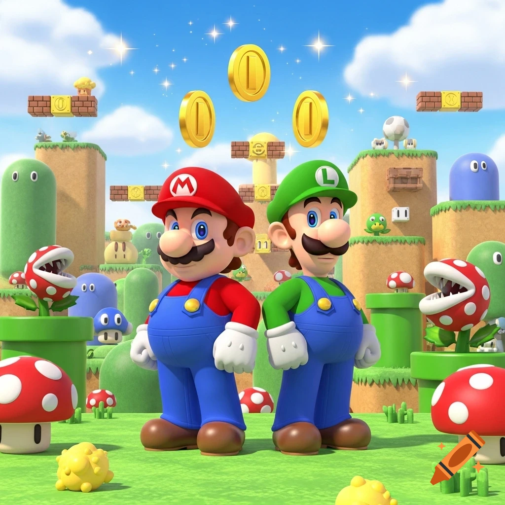 Mario and Luigi stand back-to-back in a vibrant 3D Super Mario Bros. level, surrounded by coins, blocks, mushrooms, and Piranha Plants.