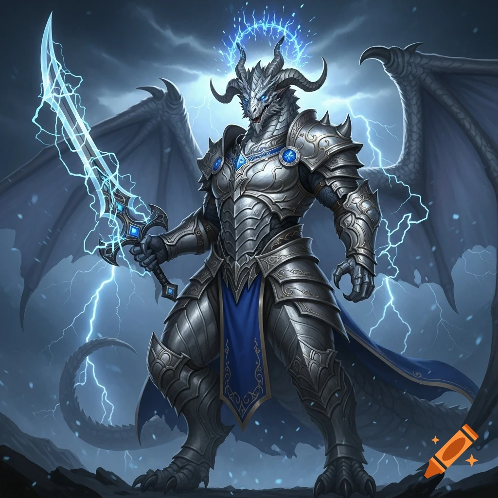 A majestic silver Dragonborn paladin with large horns, clad in ornate armor, holding a glowing lightning sword under a stormy sky.