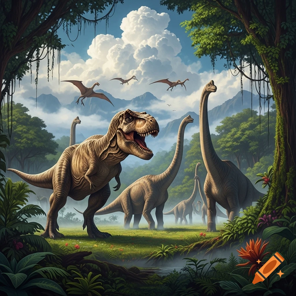 A photorealistic Tyrannosaurus Rex roars in a lush prehistoric jungle, with long-necked dinosaurs and flying pterosaurs.