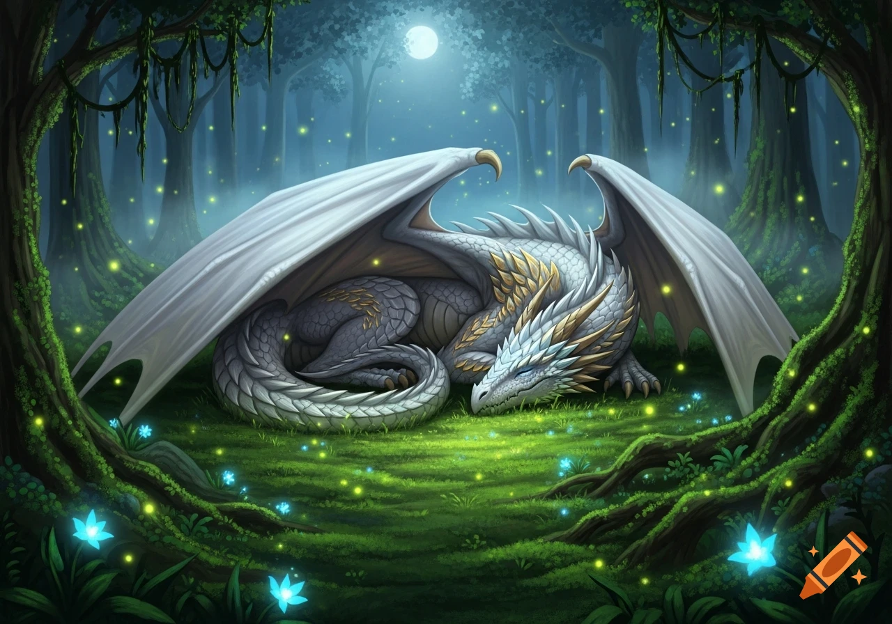 A majestic white dragon with golden scales sleeps in a magical, glowing ...