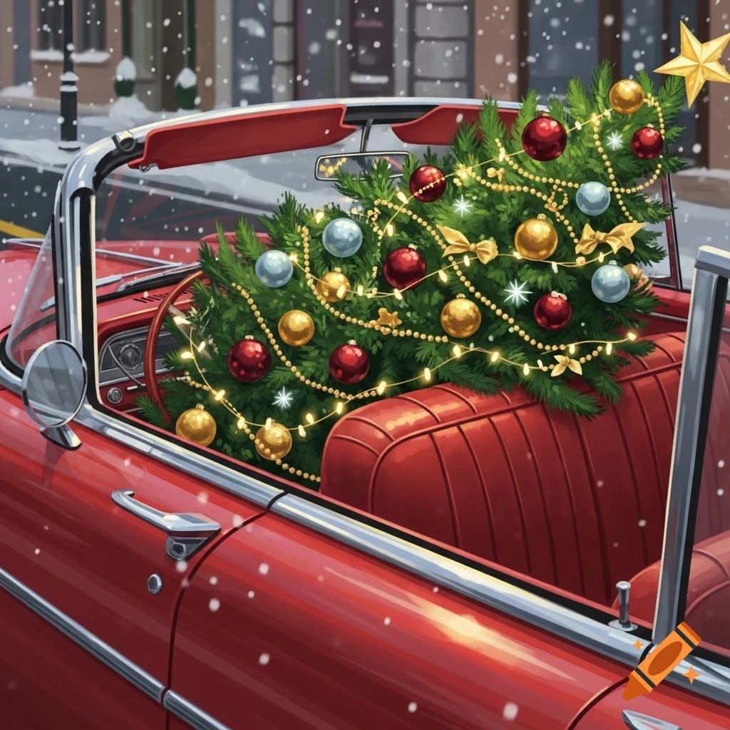A festive red convertible car carrying a decorated Christmas tree in ...