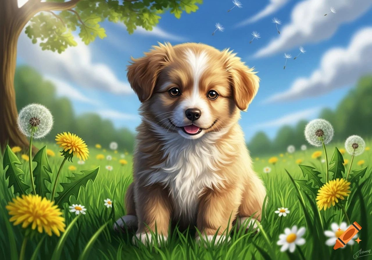 A fluffy brown and white puppy in a vibrant green field with dandelions under a sunny blue sky, illustration.