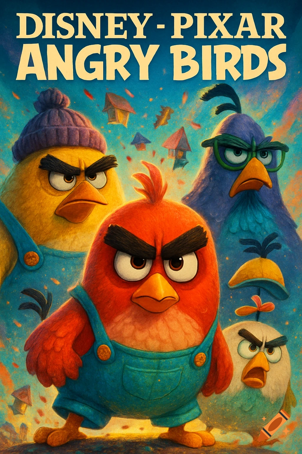 A Disney-Pixar style movie poster featuring four angry birds in overalls and a beanie, with small houses in the background.