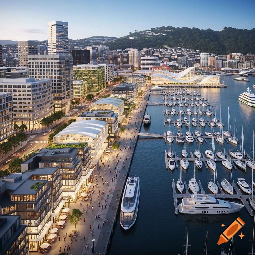 Aerial photorealistic view of a modern city harbor at dusk, featuring a busy waterfront promenade, sleek buildings, and a marina packed with yachts.
