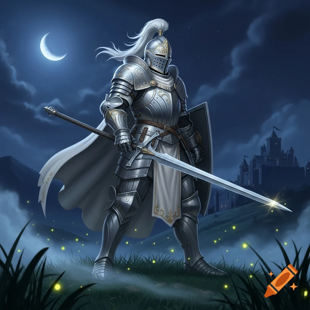A knight in shining heavy armor and a white cape stands in a moonlit field with a castle in the background, holding a sword.
