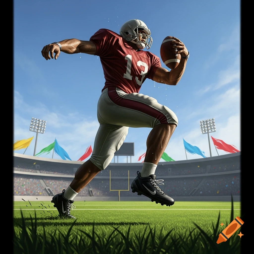 A muscular football player in a red jersey with number 13, white helmet, and white pants runs across a green field in a stadium under a blue sky, holding a football.