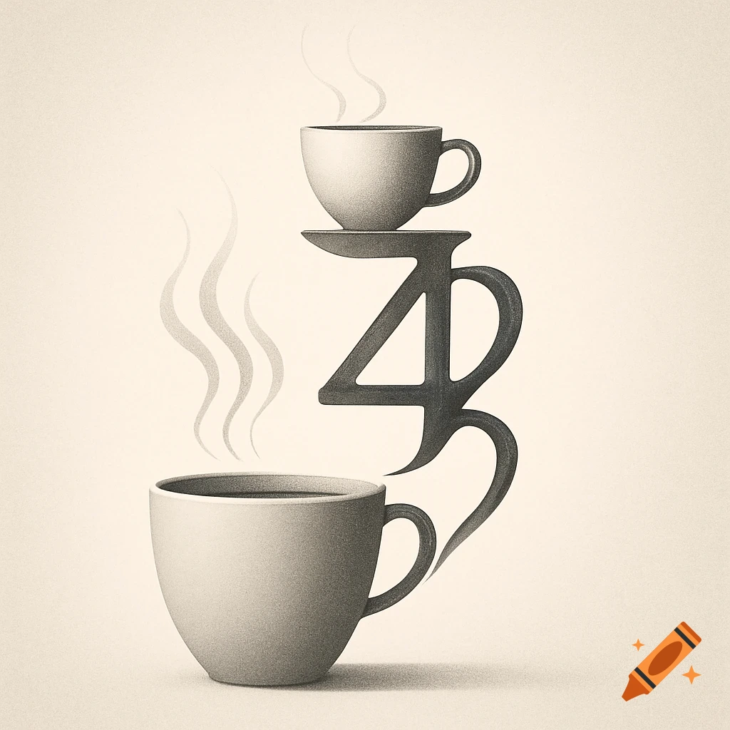 Two steaming coffee cups stacked with a dark, stylized '4' shape as a base, in a grainy monochrome illustration.