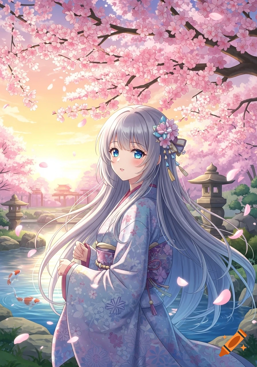 Anime girl with silver hair in floral kimono, standing in a vibrant Japanese garden under pink cherry blossoms with koi pond at sunset.