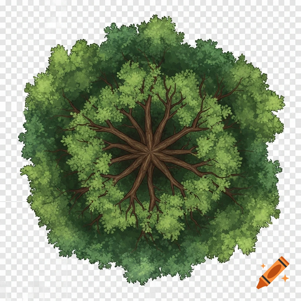 Hand-drawn top-down view of a dense forest tree with green foliage and visible branches, on a transparent background.