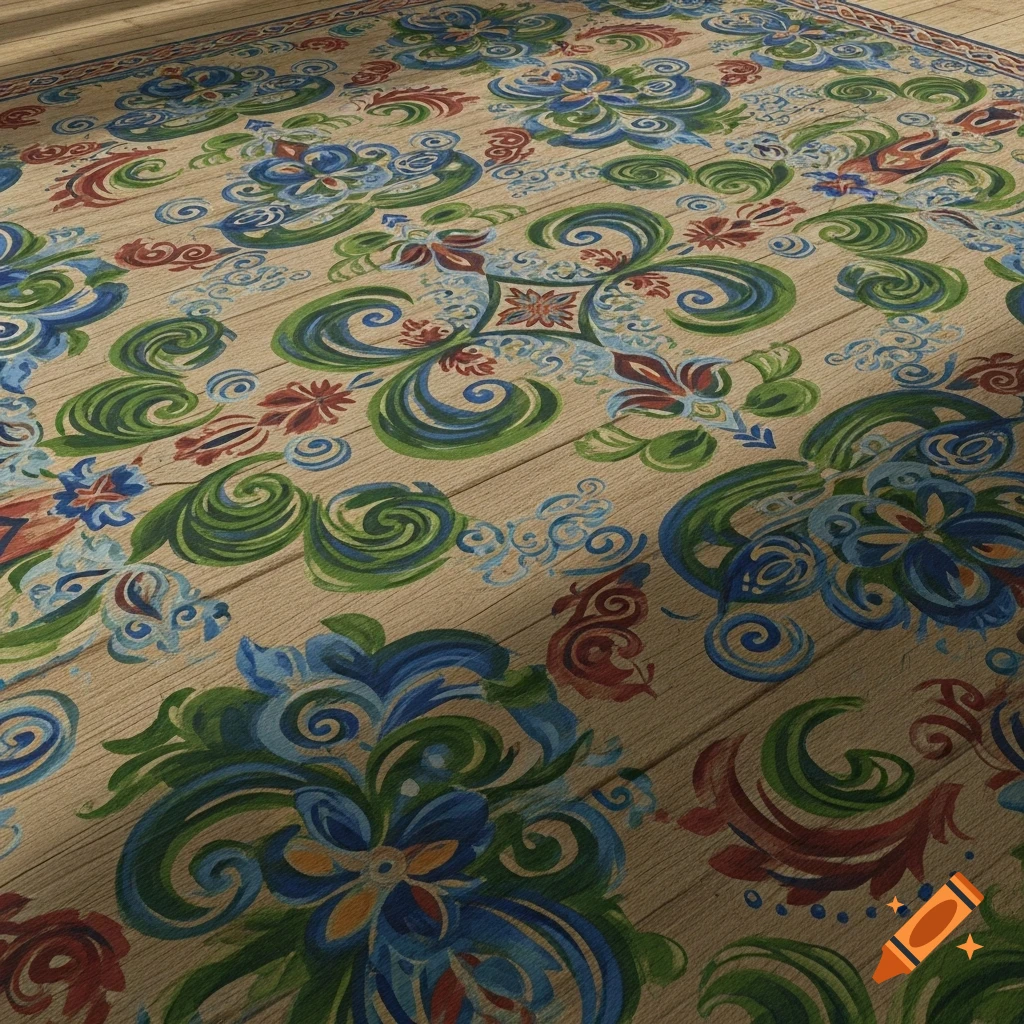 A wooden surface painted with vibrant Scandinavian folk art patterns featuring blue, green, and red floral swirls.