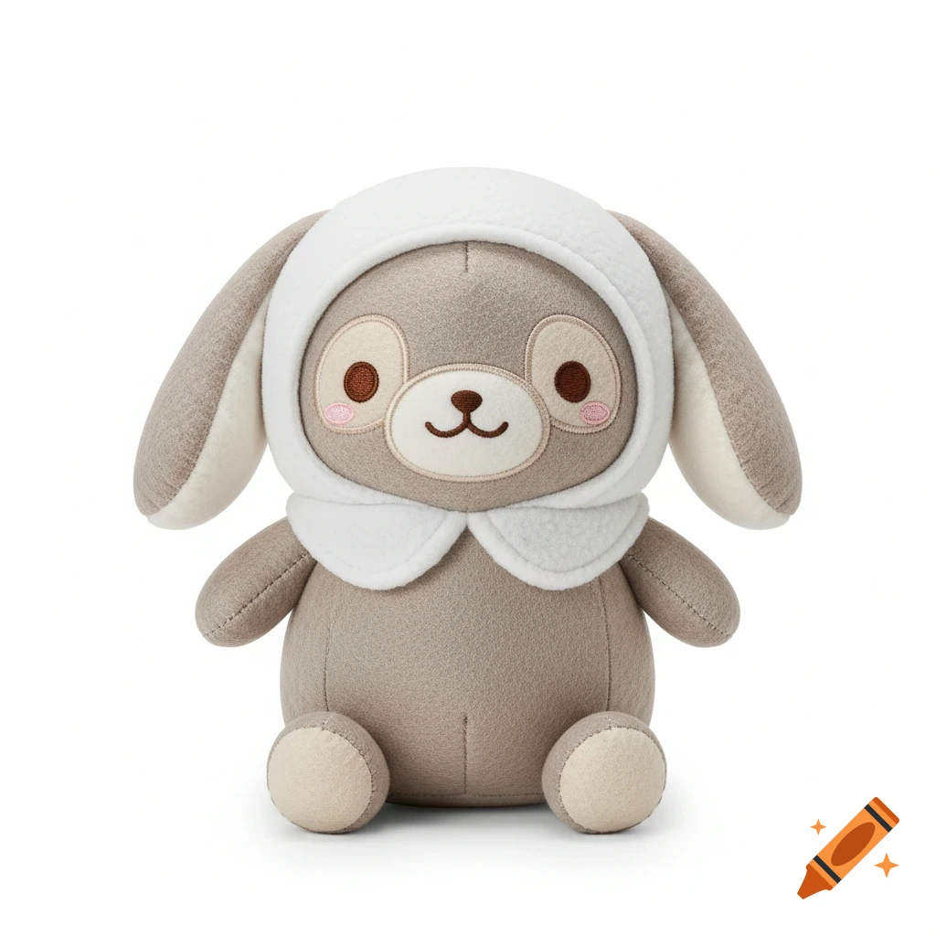 A cute, light brown plush toy with long ears and a white hood, featuring embroidered eyes, nose, and rosy cheeks, on a white background.