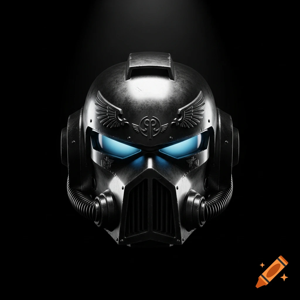 Front view of a metallic, dark grey futuristic helmet with glowing blue eyes and winged emblems on a black background.