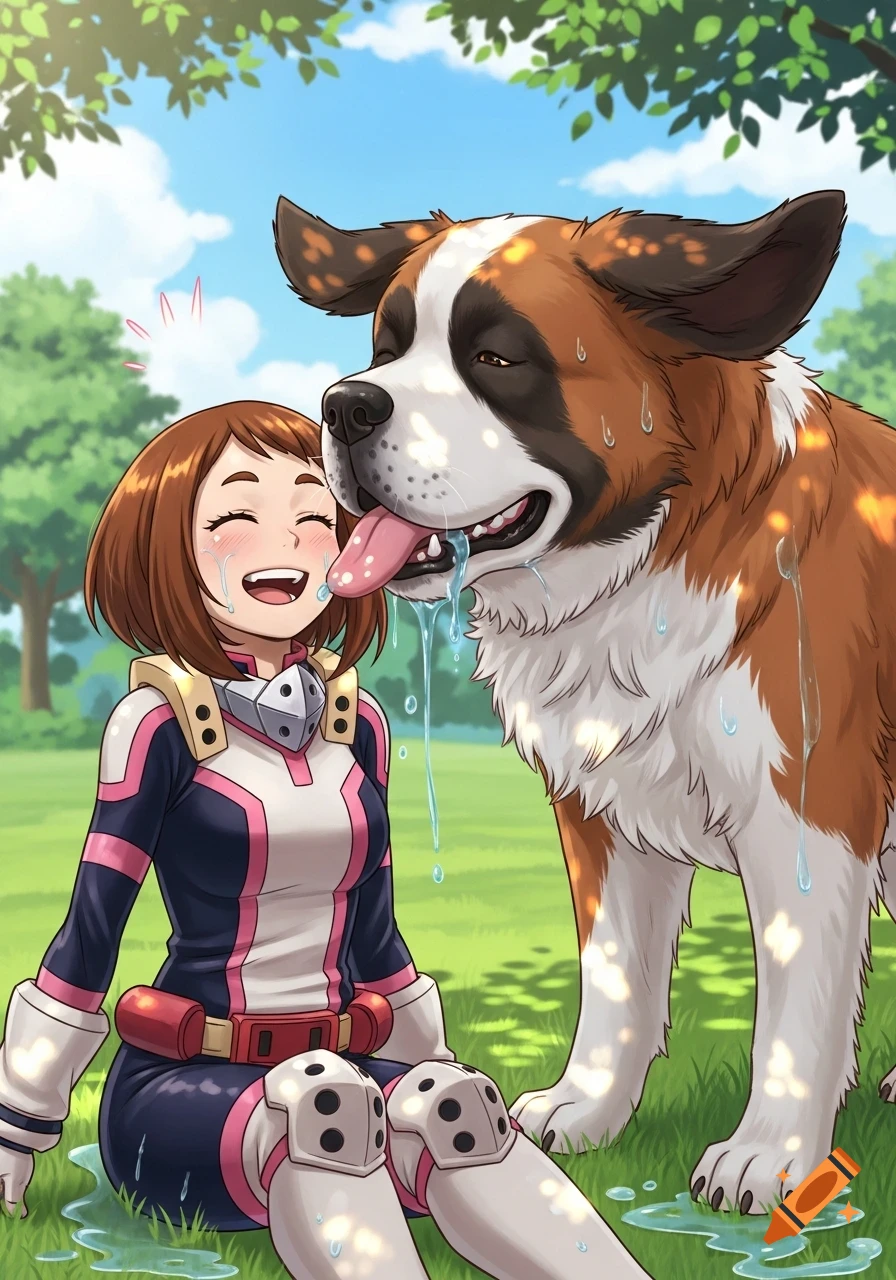 Ochaco Uraraka from My Hero Academia laughing as a large, slobbery St. Bernard dog licks her face in a park.