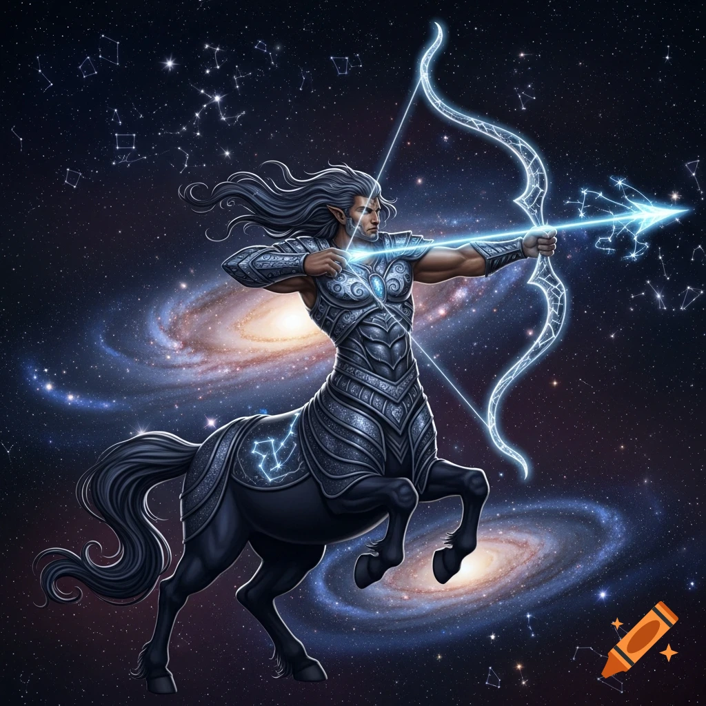 A male centaur with long grey hair and pointed ears, wearing ornate armor, aims a glowing bow and arrow against a starry cosmic background with swirling galaxies and constellations.