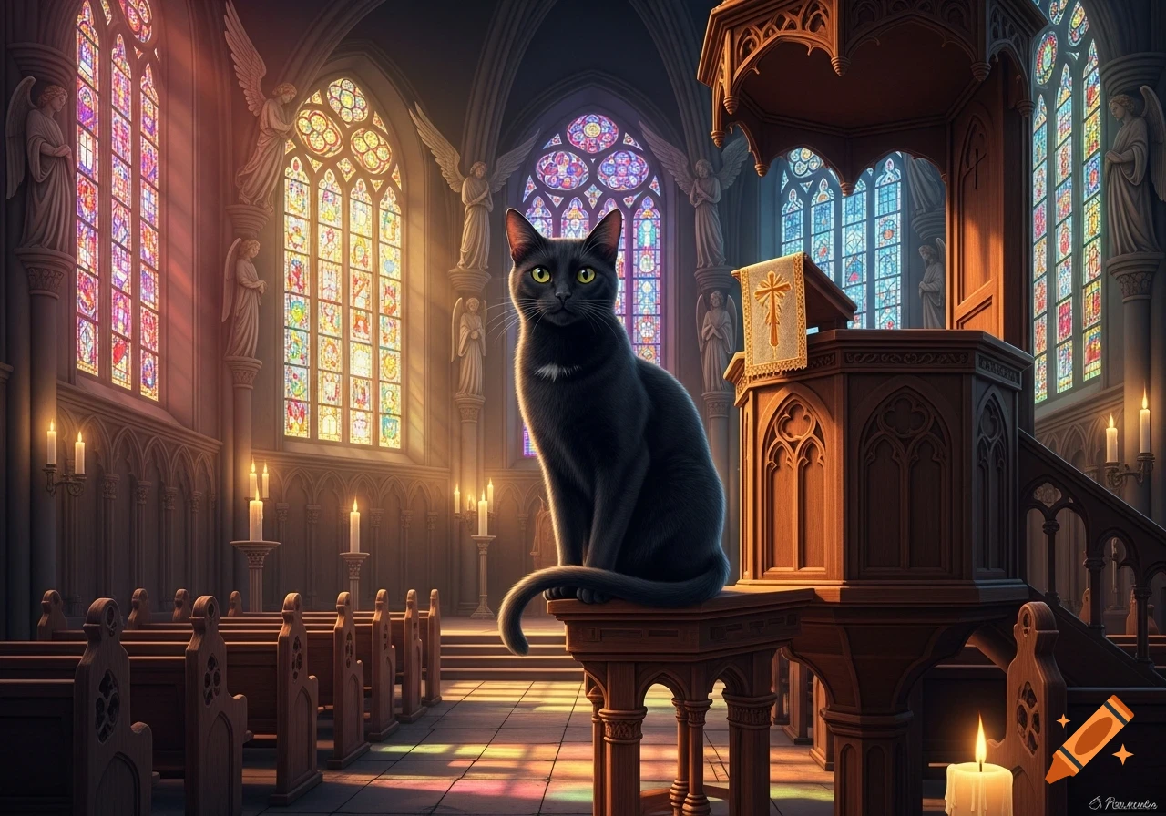 A black cat with bright green eyes sits on a carved wooden pulpit in a grand Gothic church with vibrant stained glass windows and lit candles.