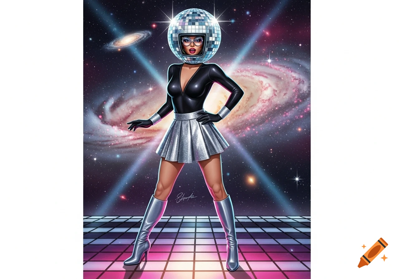 A stylized woman in a disco ball helmet, black shiny top, silver skirt, and boots stands on a glowing grid in space with galaxies.