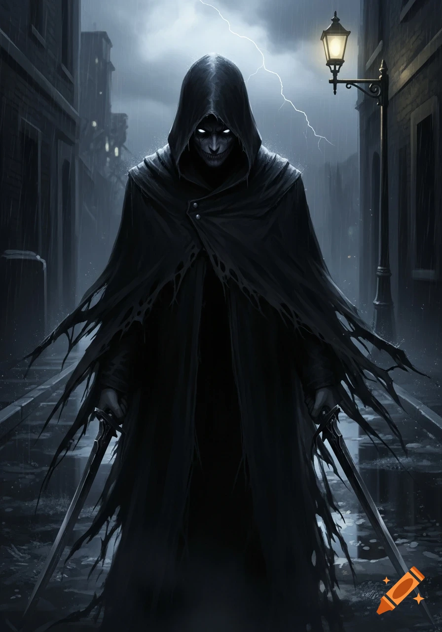 A dark, hooded figure with glowing white eyes and a menacing grin ...
