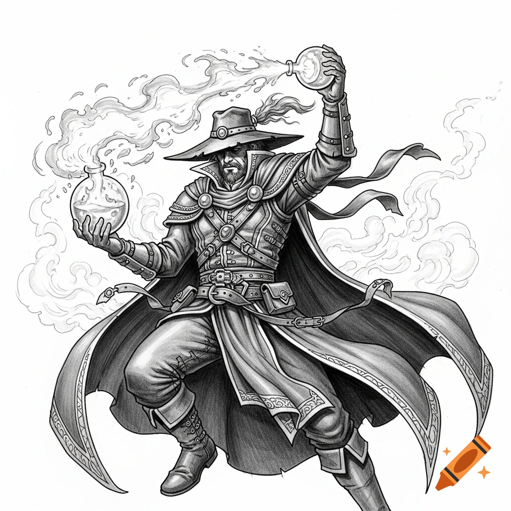 Pencil drawing of a bearded alchemist in fantasy attire, dramatically splashing liquid and smoke from two vials.