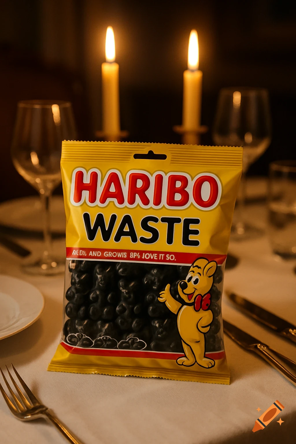 A bag of Haribo Waste black gummy bears on a candlelit dining table with wine glasses and cutlery.