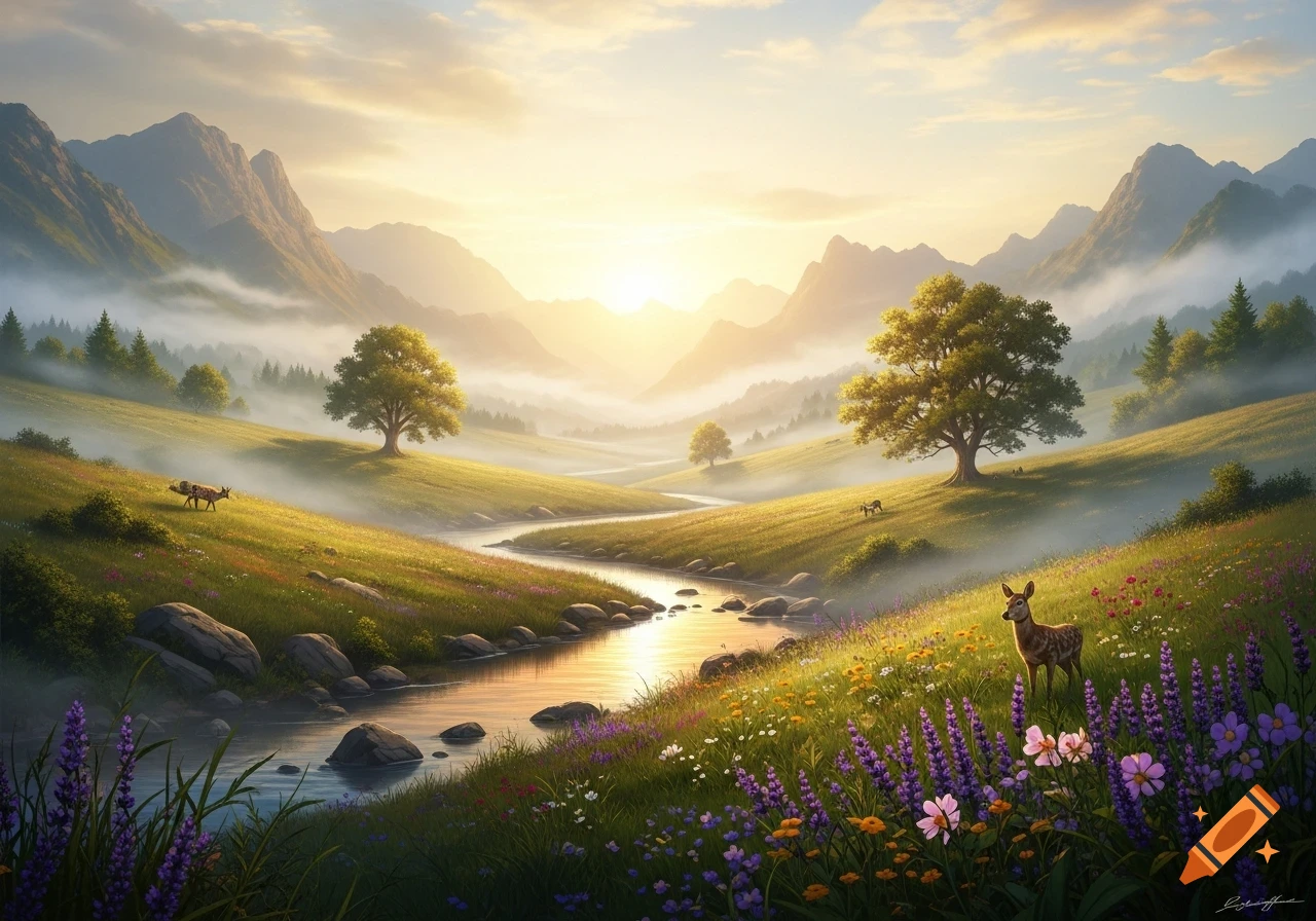 A scenic landscape with a winding river flowing through grassy hills ...