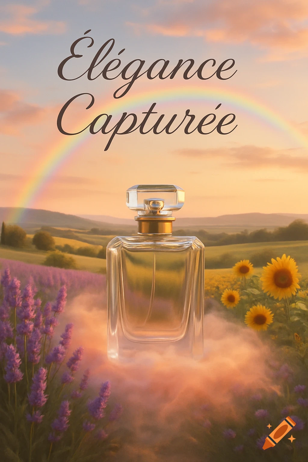 A perfume bottle amidst fields of lavender and sunflowers under a rainbow-arched sky, with the French slogan "Élégance Capturée" above.