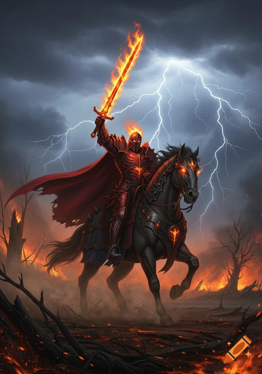 An armored knight with a flaming sword rides a dark horse with glowing eyes through a burning, lightning-struck landscape.