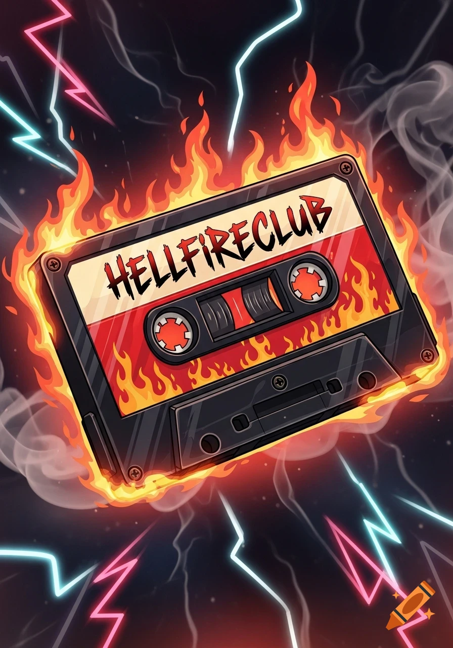 Cartoon animated burning cassette tape labeled 'HELLFIRECLUB' surrounded by flames and glowing lightning.