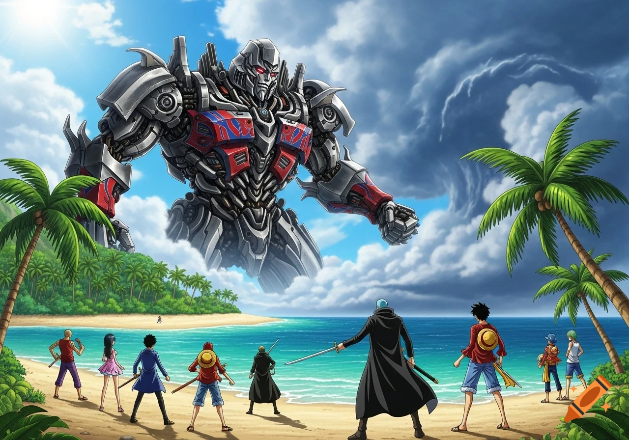 Anime-style illustration of One Piece characters on a tropical beach, facing a giant Megatron robot looming in the cloudy sky.
