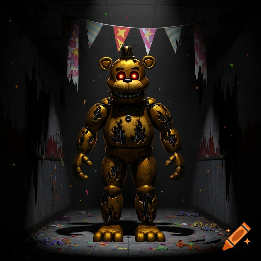 A menacing, withered golden animatronic bear with glowing red eyes stands in a dark, abandoned party room with confetti and torn banners.
