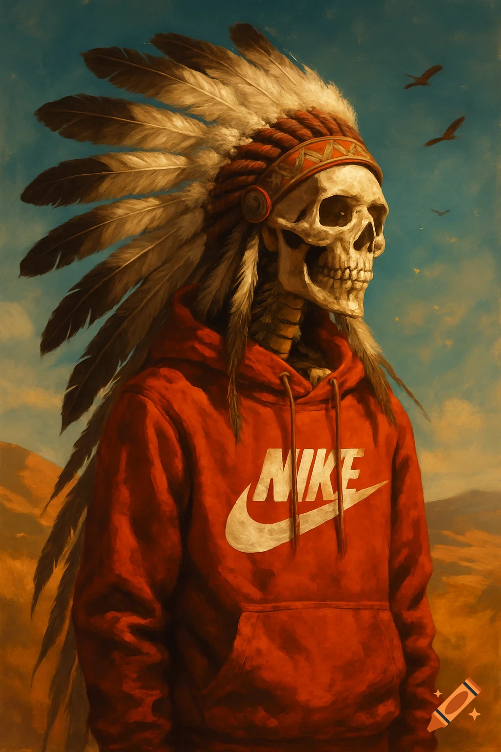 Painting of a skeleton wearing a feathered headdress and a red Nike hoodie in a desert landscape with birds flying.