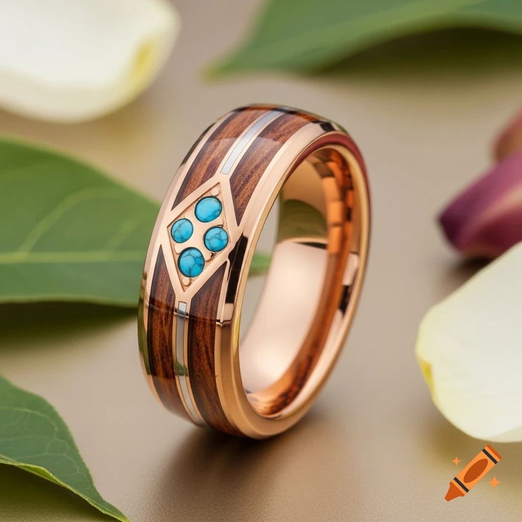 Close-up of a rose gold wedding band with a mahogany wood inlay and four turquoise stones, set against a blurred background.