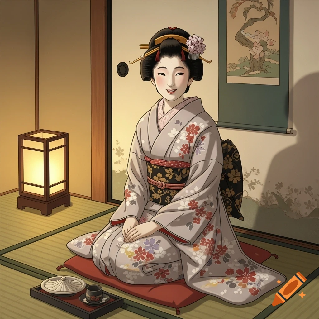 A smiling woman in a traditional kimono kneels on a tatami mat next to a lantern in Ukiyo-e style.