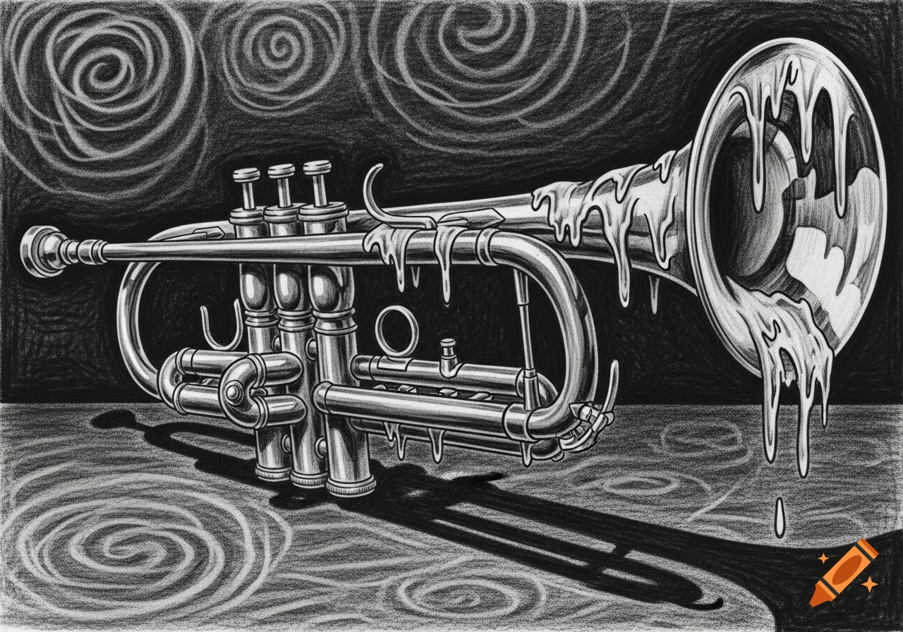 A surrealist charcoal drawing of a melting trumpet with warped keys, set against a dark background with swirling patterns.