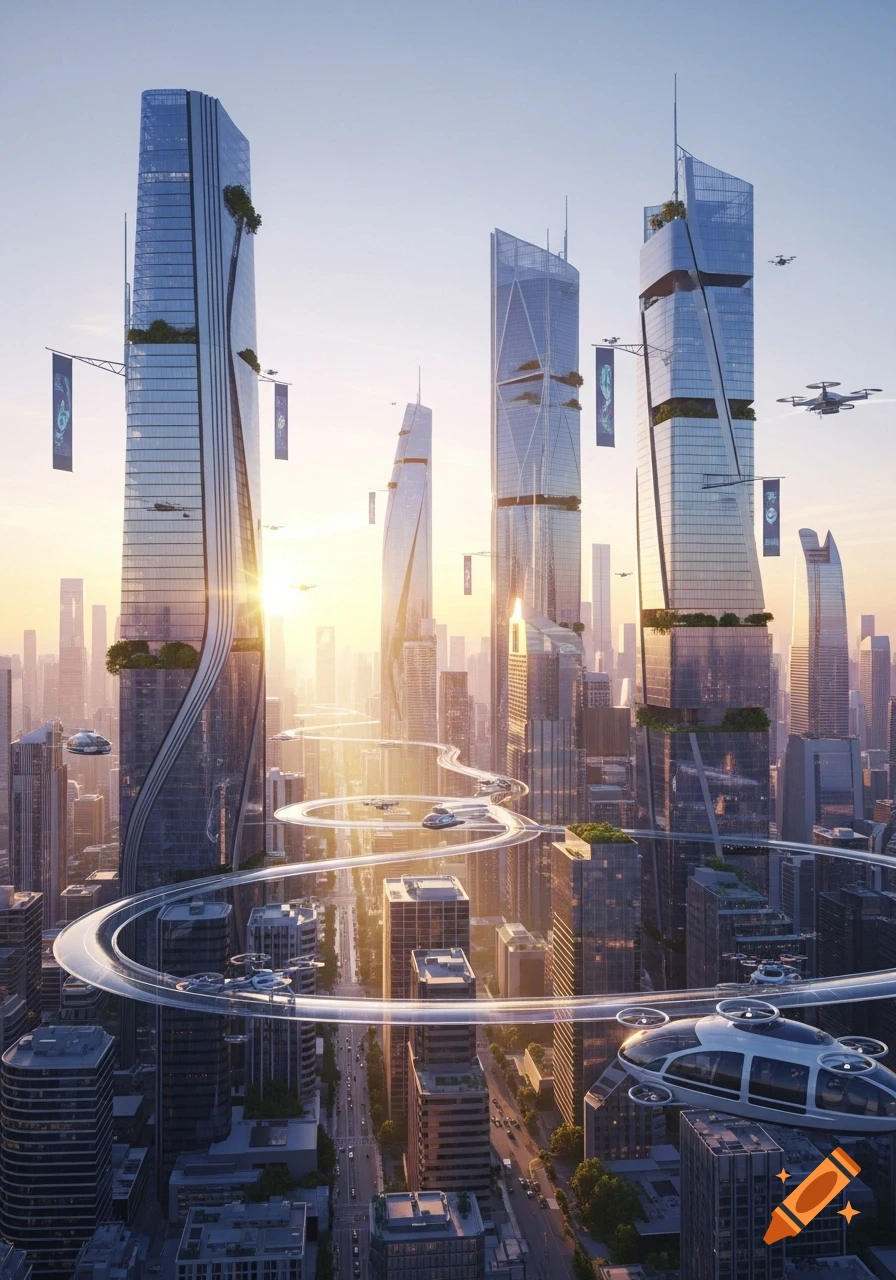 A vibrant, futuristic cityscape at sunrise, with towering skyscrapers, elevated winding roads, and flying vehicles.