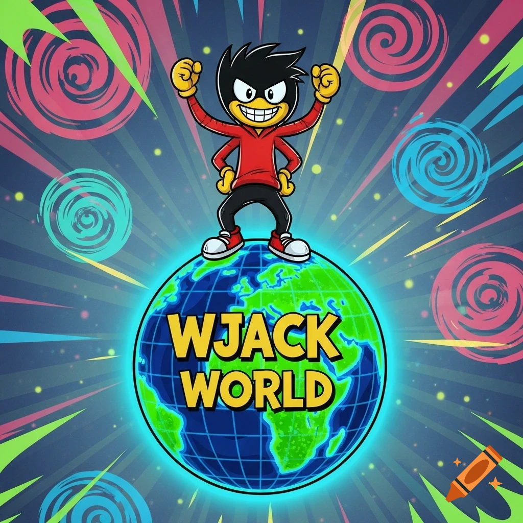 A cartoon character with black hair and a red shirt stands triumphantly on a glowing globe with 'WJACK WORLD' text, against a vibrant, swirling background.