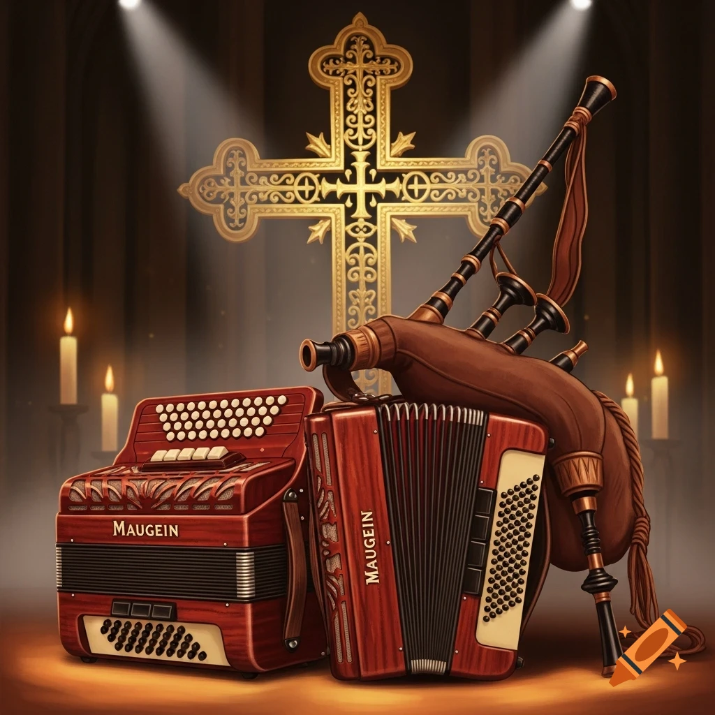 Two red accordions and a brown bagpipe in front of a golden ornate cross, lit by spotlights and candles.