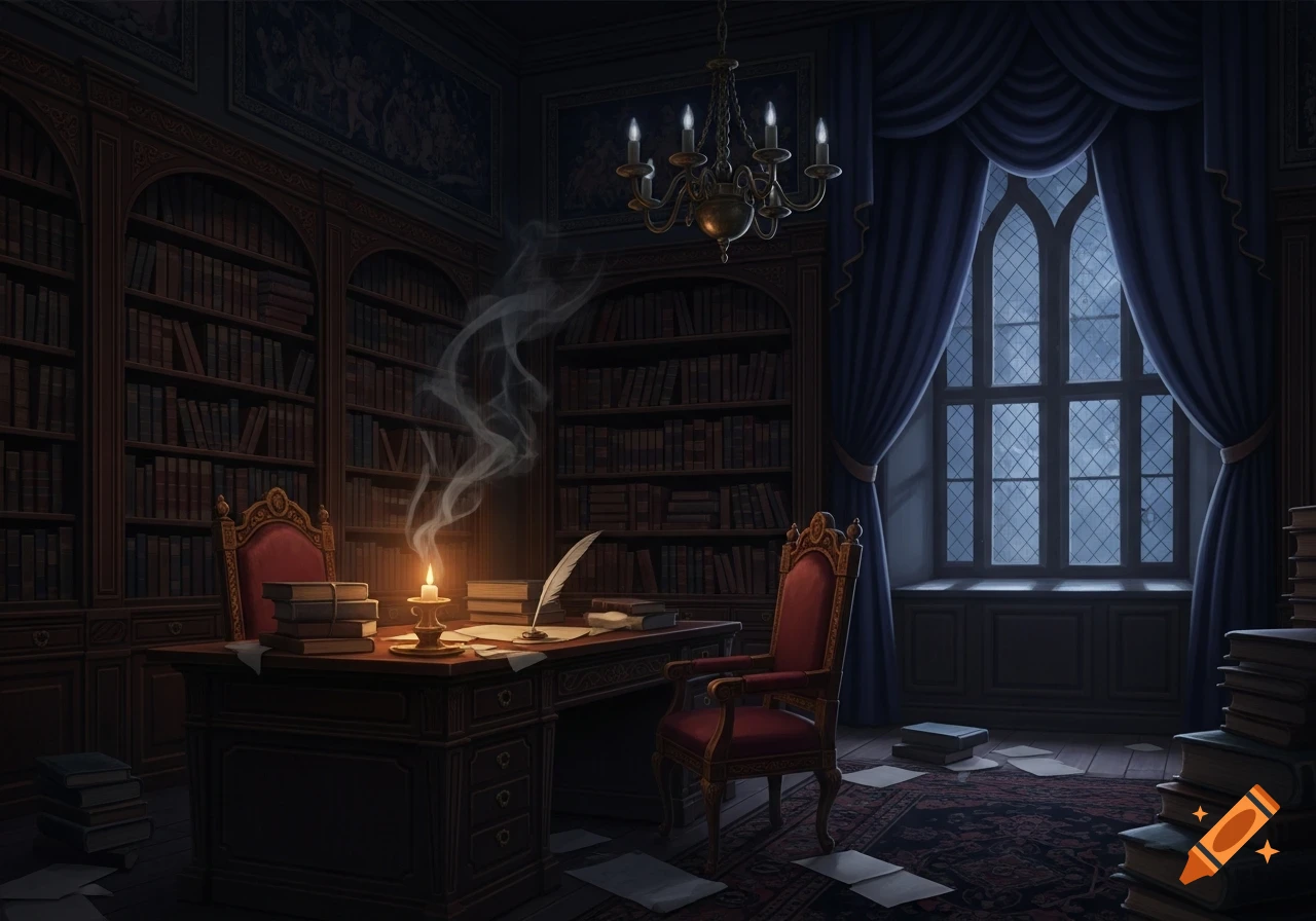 A dark, atmospheric study with a grand wooden desk, two ornate red chairs, bookshelves lining the walls, and a large gothic window revealing a moonlit sky. A candle and quill rest on the desk, with smoke curling upwards.