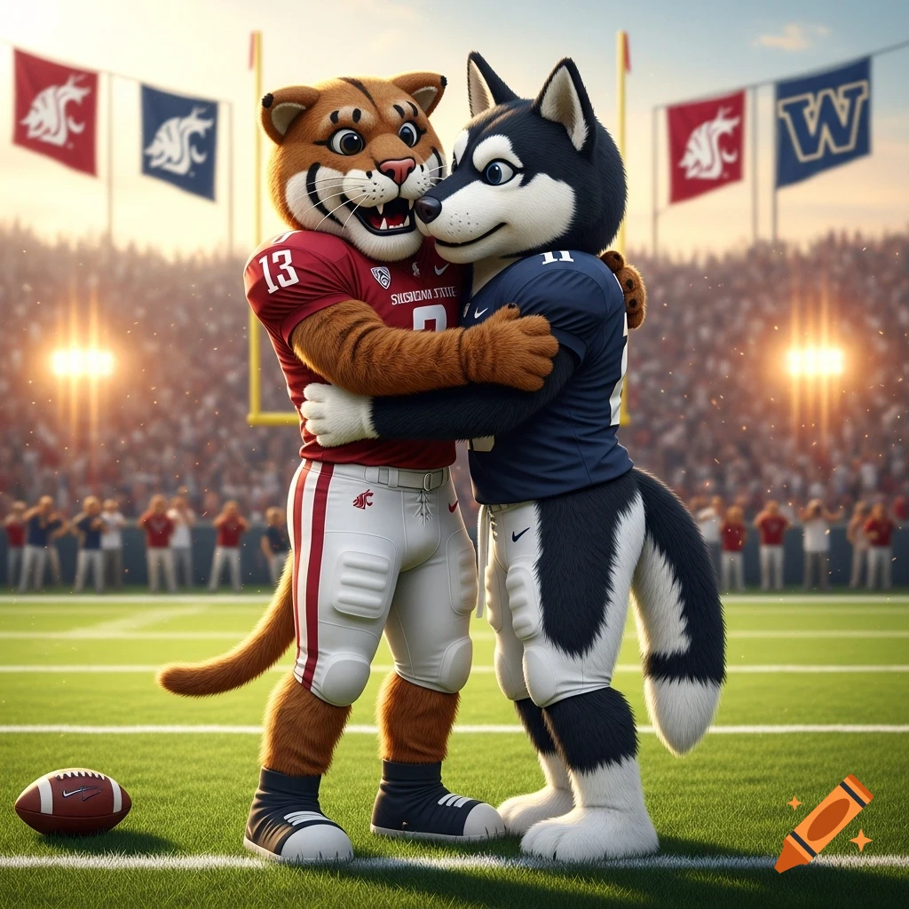 Two anthropomorphic mascots, a cougar in a red football jersey and a husky in a blue jersey, embrace on a football field. A football lies nearby.