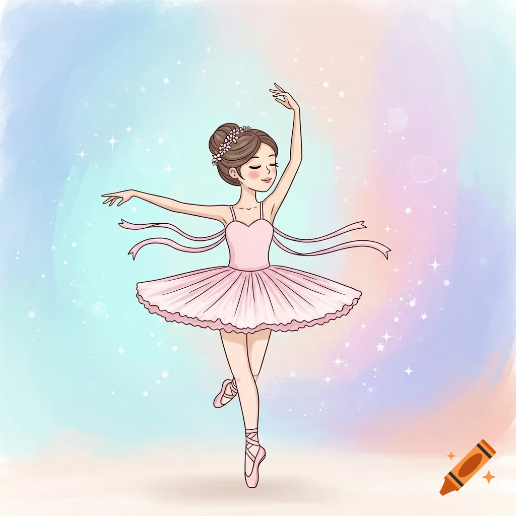 A cute cartoon ballerina in a pink tutu poses gracefully on pointe against a soft, pastel watercolor background.