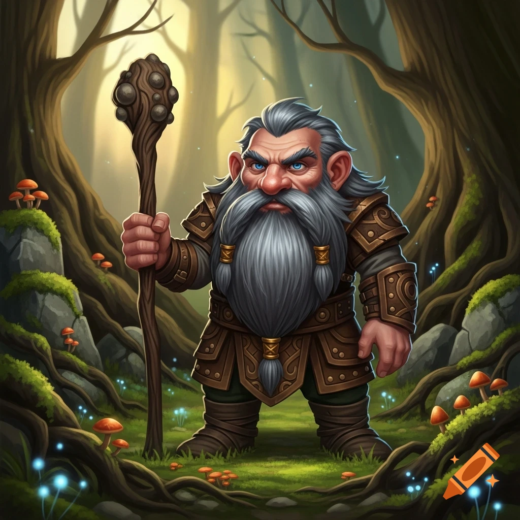 A cartoonish dwarf with a long grey beard, blue eyes, and armor holds a staff in a magical forest with glowing mushrooms.