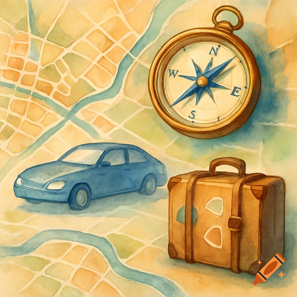 Watercolor illustration of a compass, a blue car, and a brown suitcase on a road map.