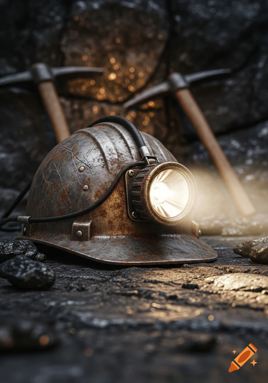 A rusty mining helmet with a bright headlamp sits on coal, with two pickaxes blurred in the dark background.