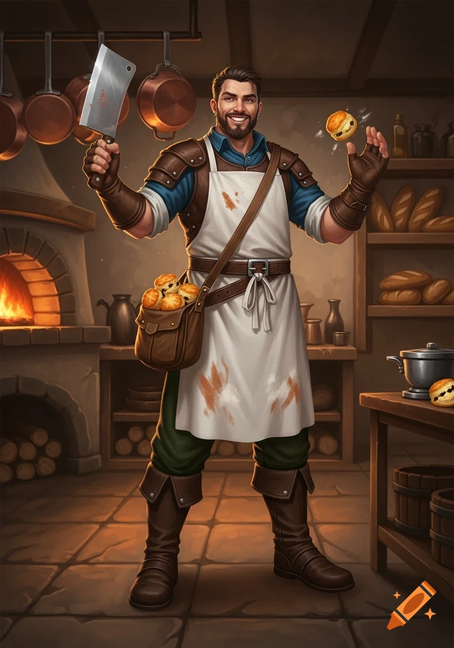 A jovial, bearded baker man in an apron and leather, holding a meat cleaver and a scone, stands in a rustic kitchen.