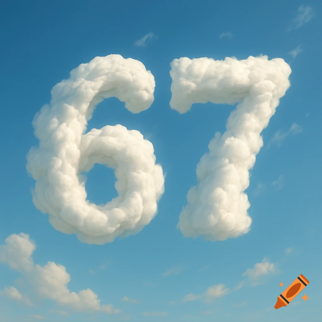 The numbers 67 are formed by fluffy white clouds against a bright blue sky.