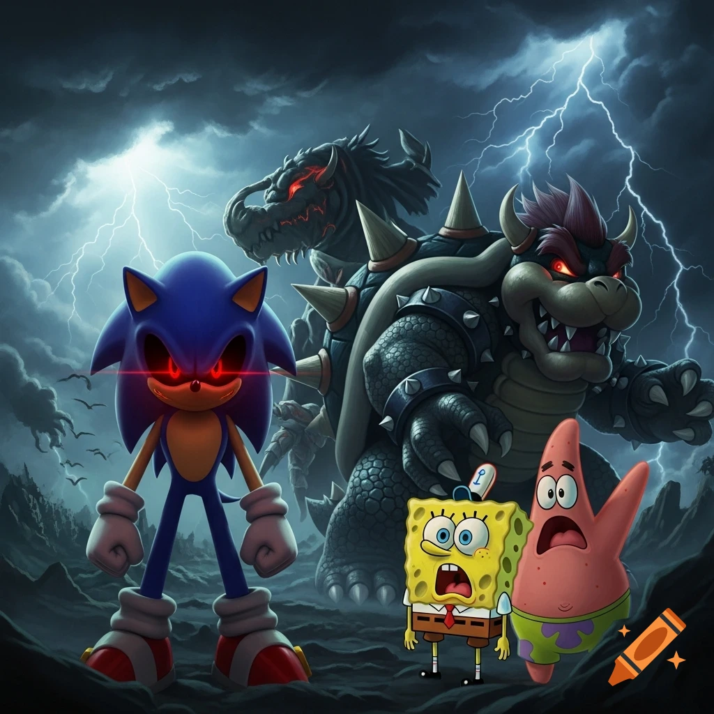 Sonic.EXE and Dark Bowser with glowing red eyes stand menacingly in a stormy landscape as a scared Spongebob and Patrick look on.