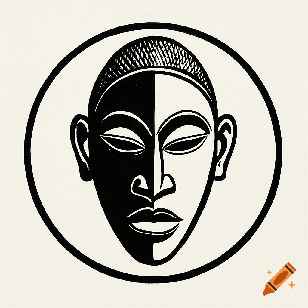 A minimalist black and white logo of a stylized African mask, split vertically, inside a black circle.