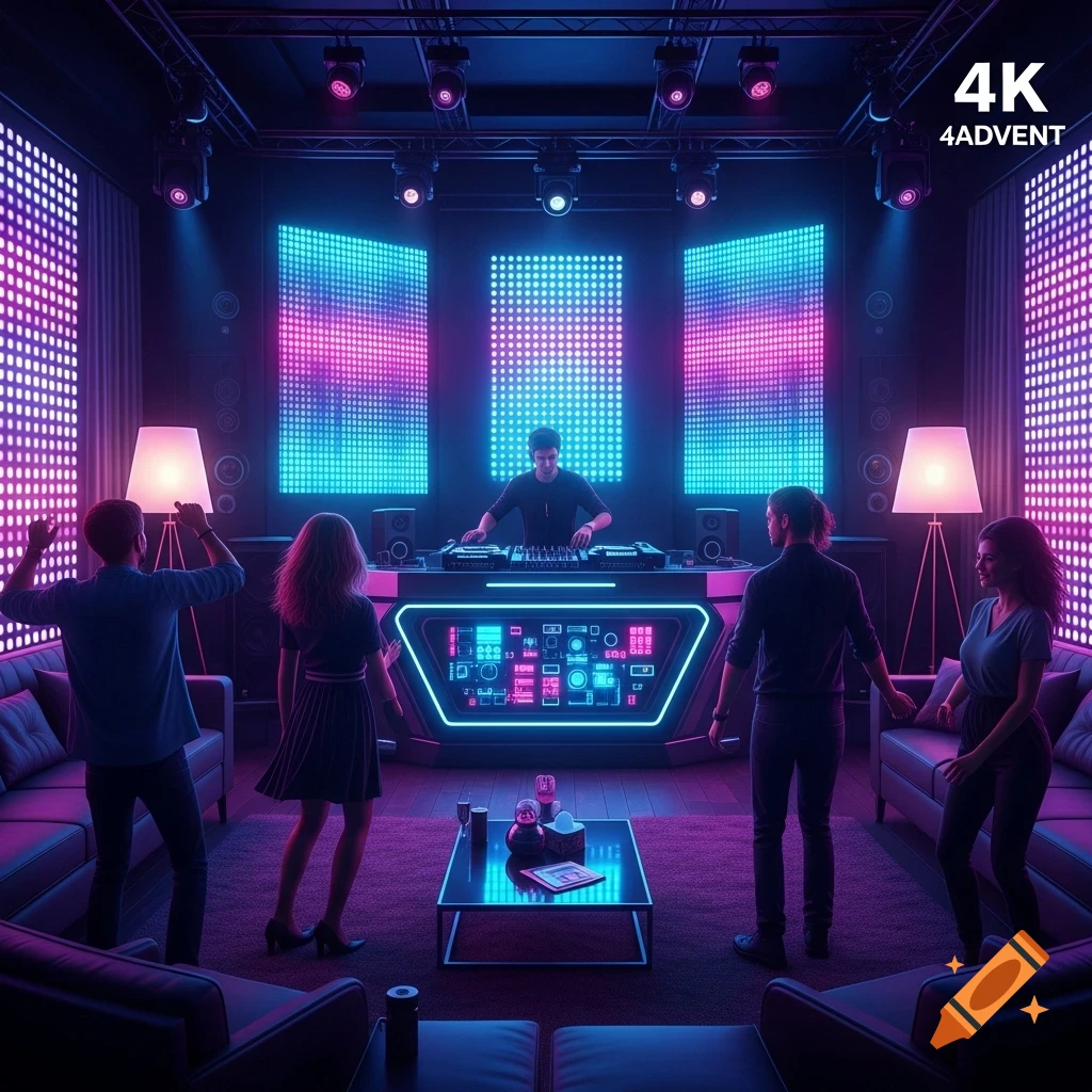 DJ playing music in a vibrant neon-lit club with LED walls, people dancing and lounging.